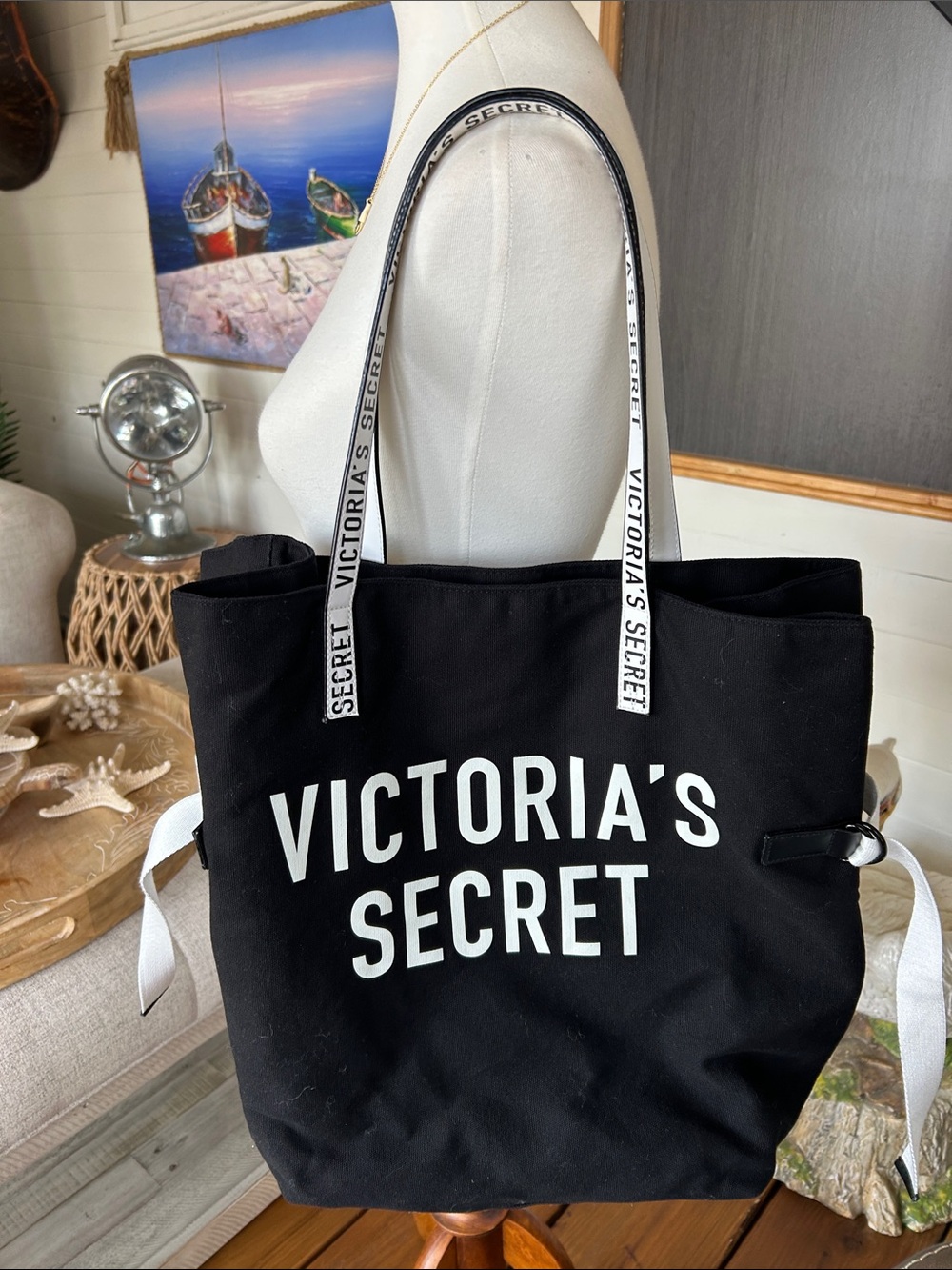 Victoria’s Secret Black Canvas Logo Tote Bag White Ribbon Handles Large